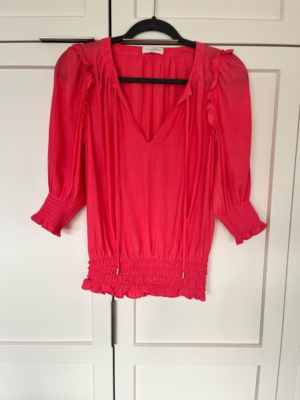 Ramy Brook Coral-Pink Ruffled V-Neck silk Blouse